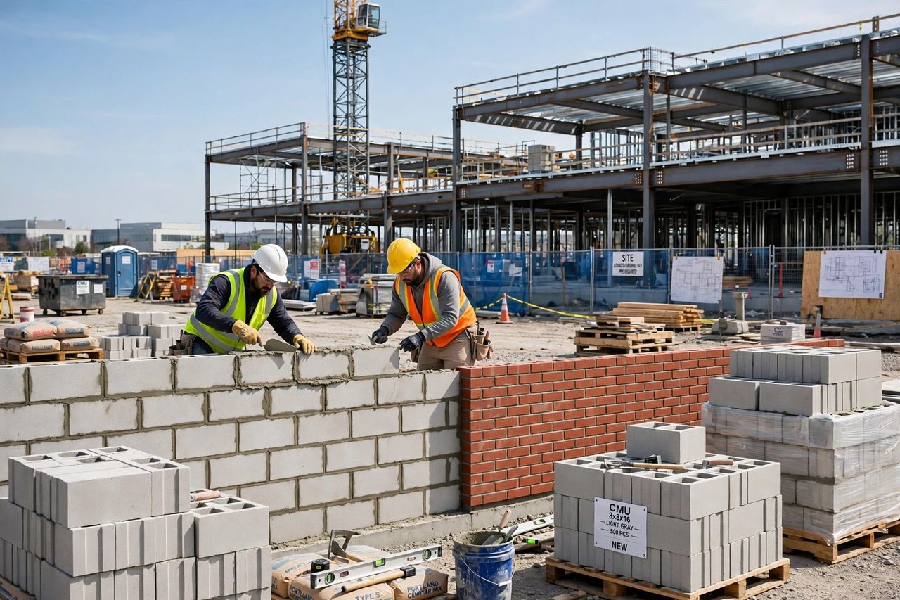 Masons laying concrete block next to a brick wall at a new steel-framed building site (illustrative image)